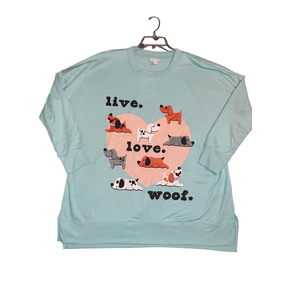New LuLaRoe Womens XL Live Love Woof Dog Graphic Teal Blue LS HANNAH Pullover